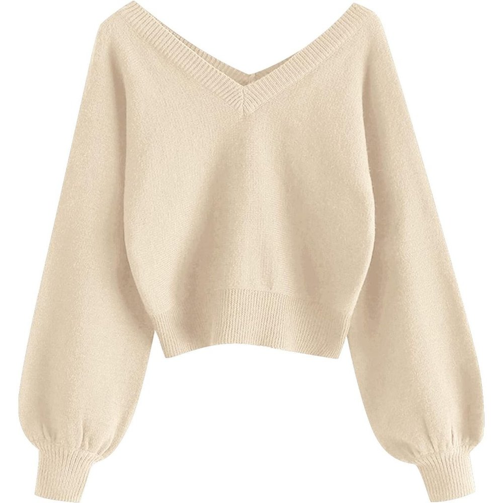 Women's Long Sleeve V-Neck Crop Sweater Pullover Jumper Knit Top